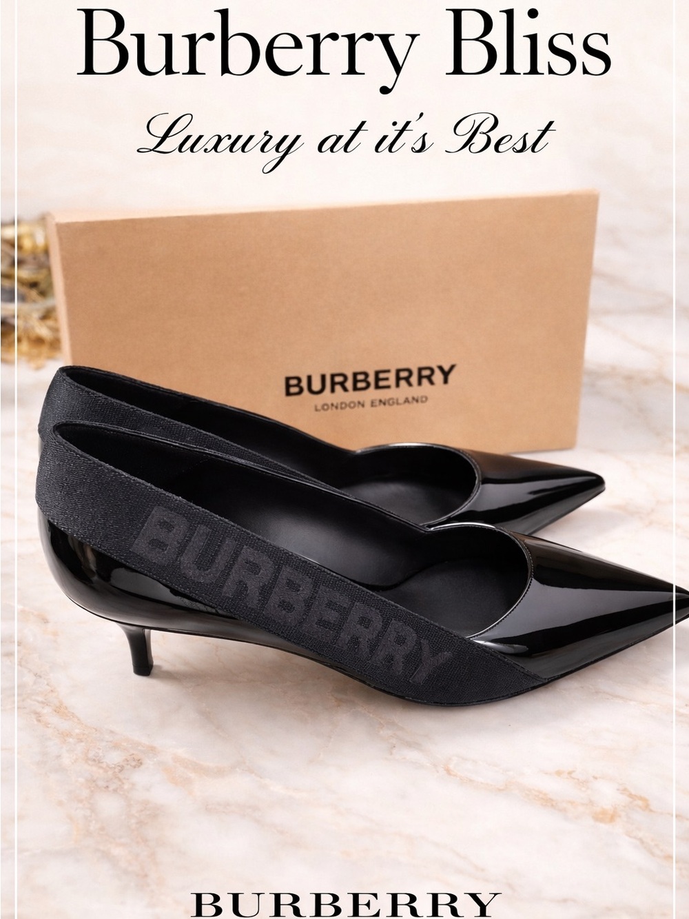 Burberry Black Patent Pointed Low Heel Pumps with Logo Band